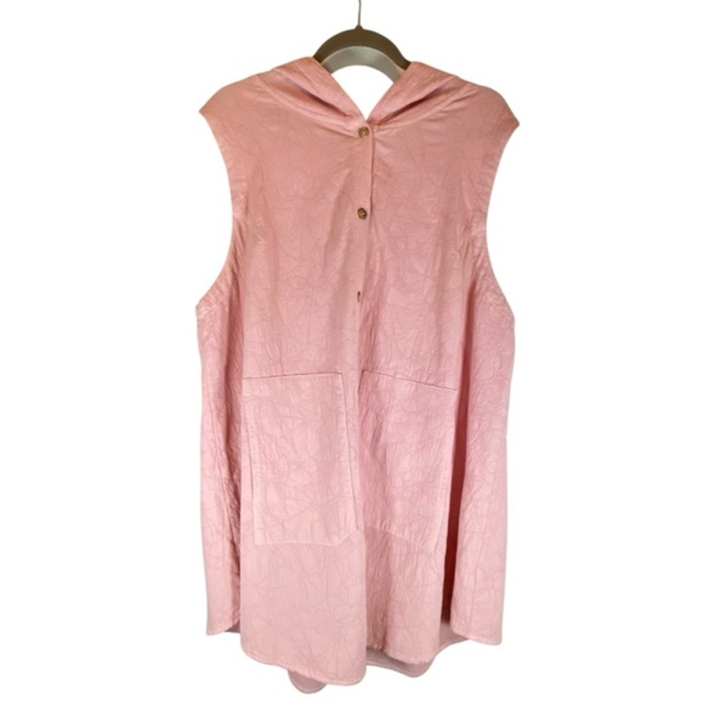 KLEEN Sleeveless Button Front Long Line Dress Duster Tunic Hood Linen Pink XL